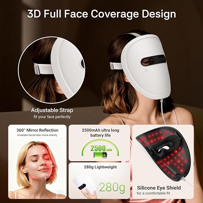 LED Face Mask Light Therapy, Red Light Therapy for Face, 4 Modes with Red, Blue, Near-infrared and Dual Red & Blue Lights for Anti-Aging, Reduce Acne and Blemish Repair, 256 LEDs, Rechargeable Remote