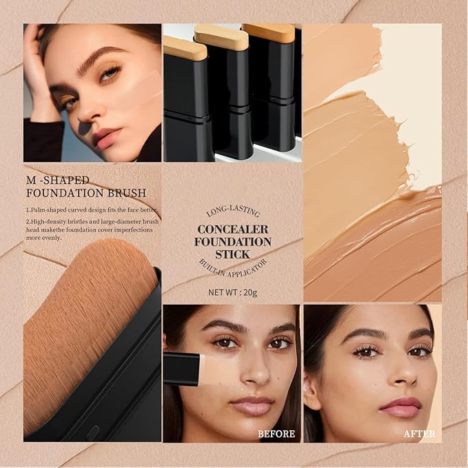 Dual-Ended Foundation & Concealer Stick with Built-in Brush, Long-Wear Matte Korean Full-Coverage Makeup, Waterproof Hydrating Contour for All Skin Tones (01#IVORY)