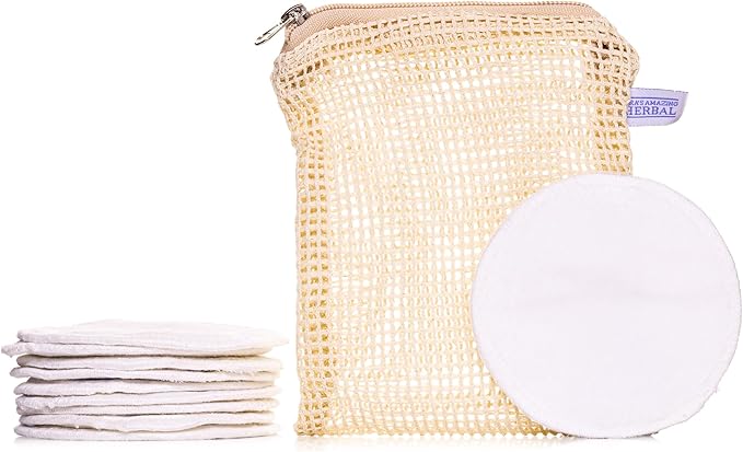Reusable Cotton Pads for face, Reusable Cotton Rounds for Facial Cleansing, Bamboo, Reusable Makeup Remover Pads for face in Organic Cotton mesh Bag, 10 Pads, Ora’s Amazing Herbal