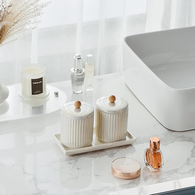 Redelaenor Ceramic Bathroom Canister Set with Coordinating Small Vanity Tray Qtip Holder Dispenser for Cotton Ball,Swab,Pads, Floss, Bathroom Storage Jars with Lids Pearl White