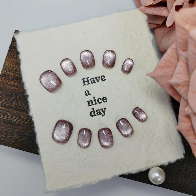 Cat Eye Press on Nails Handmade Short Oval/Square/Round False Nails with French Tip/Aurora/Magnetic Shimmer Designs (Shimmer#Sunshine Lily M)