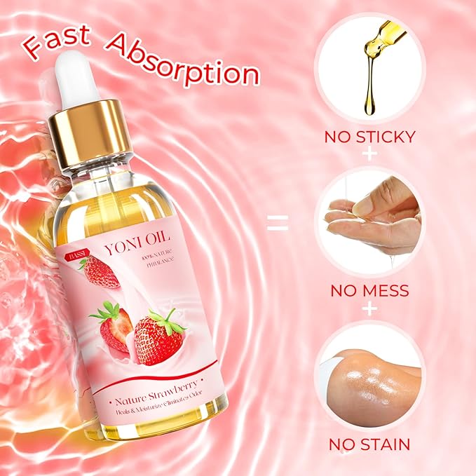 BASSI 2PCS Yoni Oil Organic Feminine Oil Vaginal Moisturizer - Ph Balance for Women - Feminine Deodorant - Eliminates Odor With Strawberry Essential Oil, All Natural Yoni Oil (Strawberry)