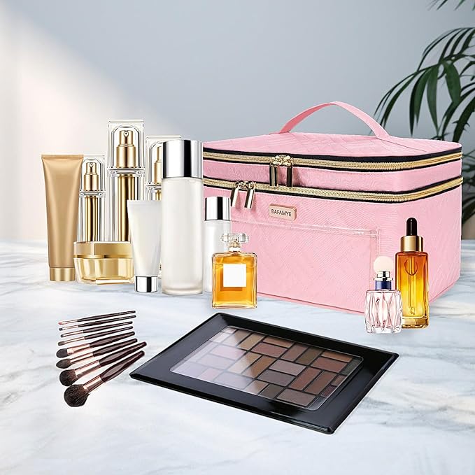 BAFAMYE Double Layer Travel Makeup Bag for Women, Large Cosmetic Case Organizer with Makeup Brush Compartment, Portable Train Case Make Up Bag for Travel-Size