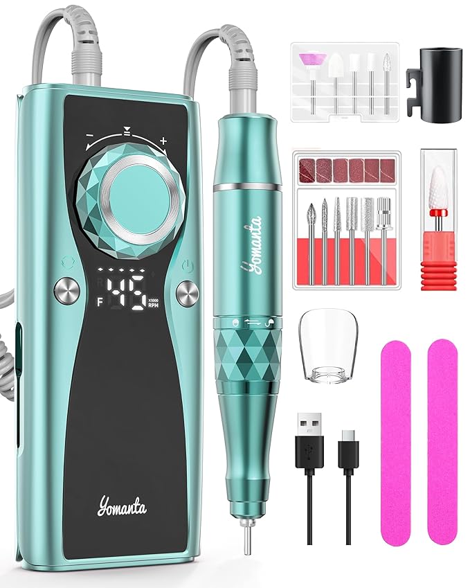 Electric Nail Drill Professional Kit: 45,000 RPM USB Rechargeable Efile Nail Drill Nail File with 12 Bits for Polishing Gel/Acrylic Nails- Portable Manicure Tool Set for Salon/Home-Green