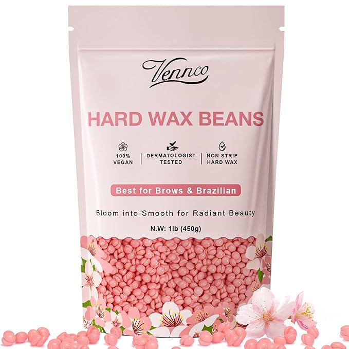 VENNCO Hard Wax Beads, 1lb Wax Beans for hair removal with Cherry Blossom Extract, Ideal for Sensitive Skin, Perfect for Facial, Eyebrows, Arms, and Brazilian Area, Wax Refill for Home Use