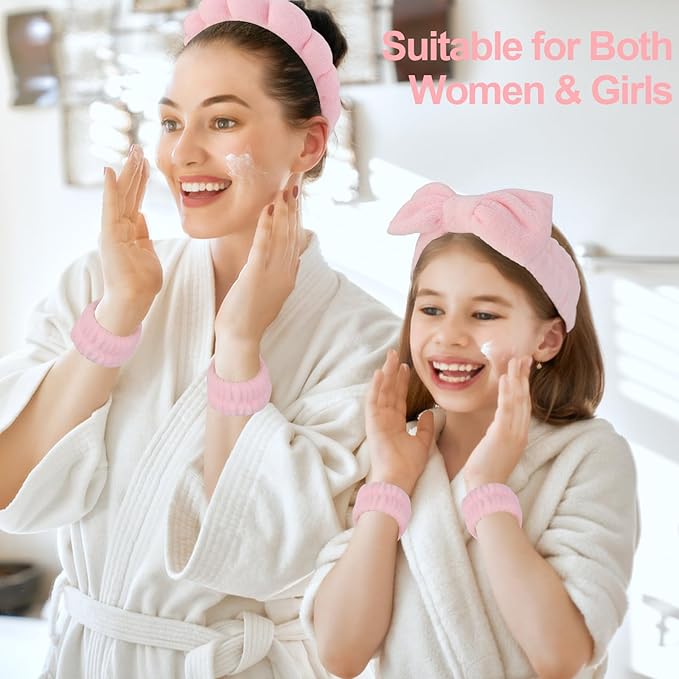 Canitor Spa Headband Wrist Bands Set with Hair Clips Skincare for Washing Face Skin Care Makeup Preppy Tween Teen Girl Gifts Cute Trendy Stuff Hair Accessories for Women (pink)