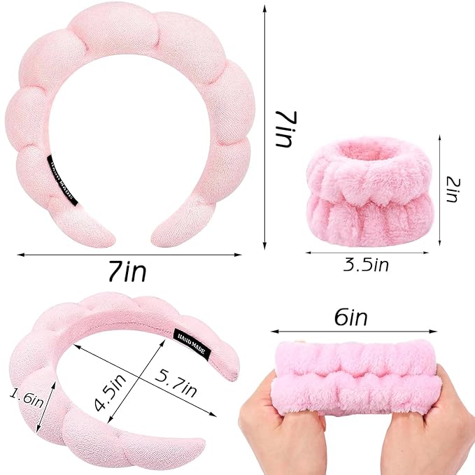 Spa Headband for Washing Face Wristband Set Sponge Makeup Skin Care Terry Cloth Bubble Soft Get Ready Hairband Women Girls Puffy Padded Headwear Non Slip Thick Hair Accessory (Blue Pink)