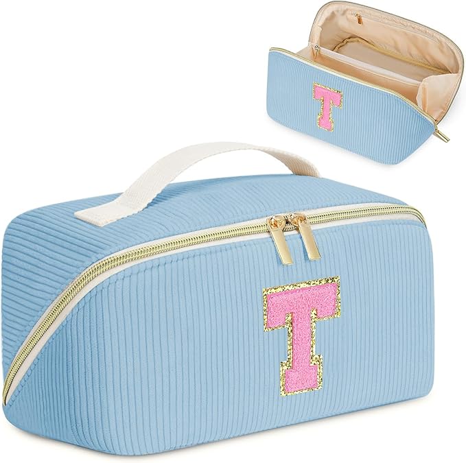 Personalized Initial Makeup Bag, Valentine's Day Gifts for Girls,Preppy Bag Cosmetic Travel Bag Women,Travel Toiletry Organizer,Large Capacity Corduroy Stuff Bag,Cute Cosmetic Pouch Skincare Bag