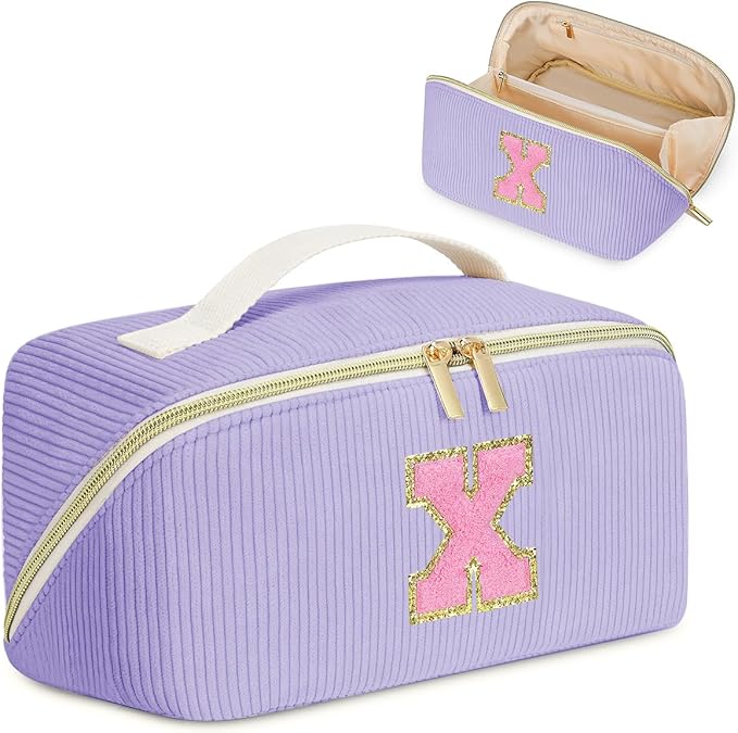 Personalized Initial Makeup Bag, Valentine's Day Gifts for Girls,Preppy Bag Cosmetic Travel Bag Women,Travel Toiletry Organizer,Large Capacity Corduroy Stuff Bag,Cute Cosmetic Pouch Skincare Bag