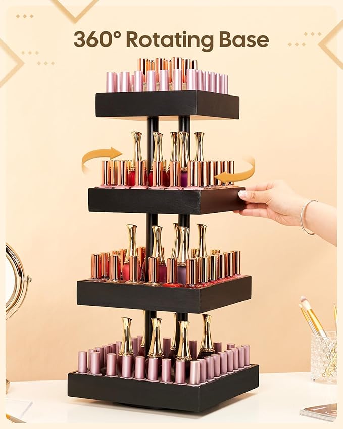 Homde Nail Polish Display Stand and Storage: 360 Degree Rotating Bamboo Rack Organizer, 4 Tier Makeup Holder for Fast Access on Countertop or Vanity for Girls & Women,Black