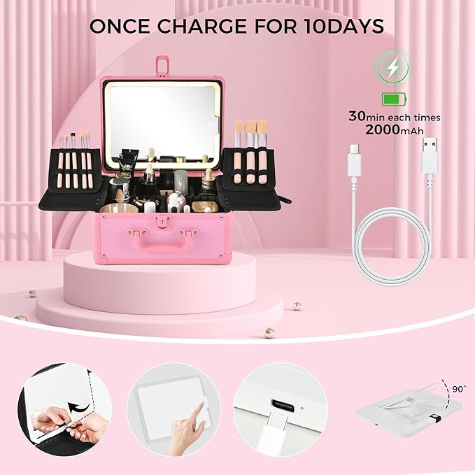 Makeup Case with Lighted Mirror, Makeup Box Organizer with Detachable LED Mirror, Travel Makeup Train Case, Waterproof Cosmetic Organizer, Standing Brush Holder, Gift, Pink