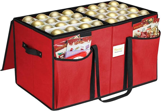 BALEINE Christmas Ornament Storage Box with Dividers, Premium Holiday Ornaments Storage Container Bin for Xmas Decorations (128 Ball, Red, Without Tray)