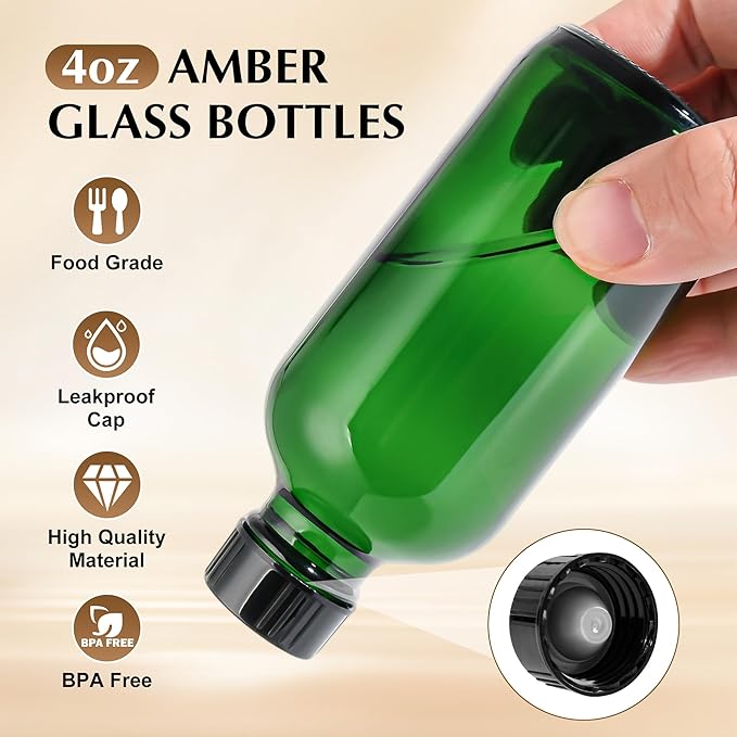 Exlvanto Small Glass Bottles with Lids Boston Round Shot Bottles for Health, Immunity, Ginger Juice, Essential Oils, Potion - Leak Proof Mini Travel Containers (Green UV, 4oz-24Pack)