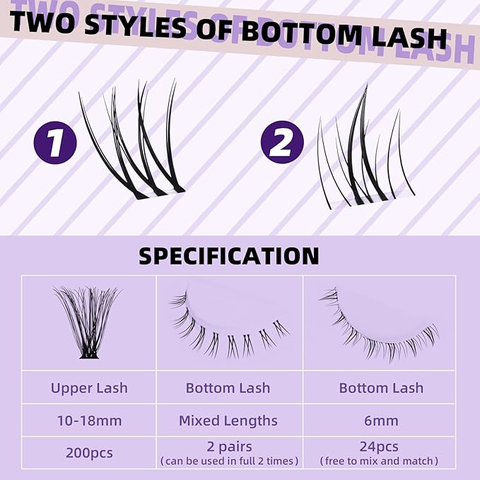 B&Qaugen Eyelash Extension Kit with Bottom Lash Extension 10-18mm 70D D Curl Lash Clusters Kit with Bottom Lashes DIY Lash Extension Kit Bond and Seal Lash Applicator (Kit-70D-D-MIX10-18)