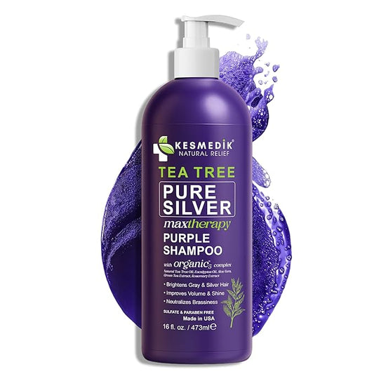 Pure Silver Purple Shampoo with Tea Tree Oil, Anti Brass Toner for Bleached, White, Blonde & Highlighted Hair, Gray Hair to Get Yellow Out, Refreshes Scalp, Sulfate Free, Women & Men, 16 fl oz
