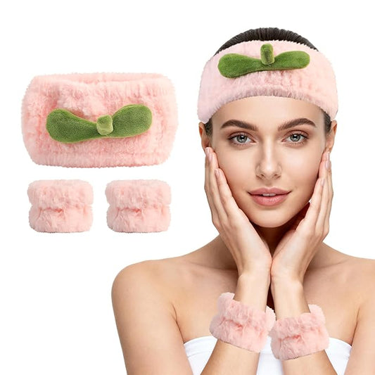 PERFECTSIGHT Spa Headband for Washing Face, Cute Wristband Hair Band Set for Shower Yoga Beauty Skincare Party, Soft Fluffy Makeup Headband, Kawaii Facial Headbands for Woman Girls, Peach