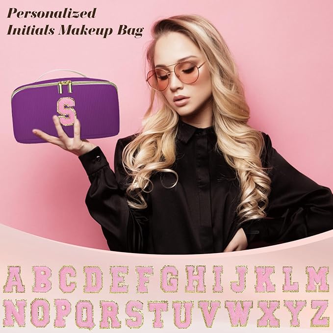 Personalized Initial Makeup Bag, Valentine's Day Gifts for Girls,Preppy Bag Cosmetic Travel Bag Women,Travel Toiletry Organizer,Large Capacity Corduroy Stuff Bag,Cute Cosmetic Pouch Skincare Bag