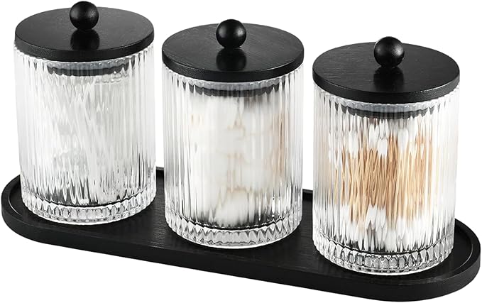 NEECZS 3 Pack Qtip Holder Bathroom Set,Cotton Pad Ball Swab Holder Cotton Round Floss Pick Dispenser with Tray,Glass Apothecary Jars with Black Lids,Bathroom Organizers and Storage Canisters