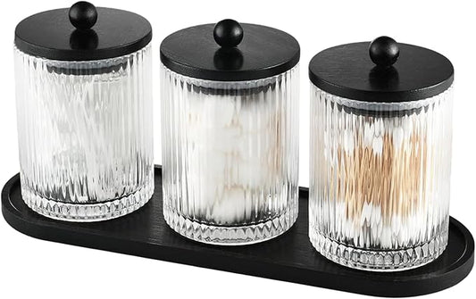 NEECZS 3 Pack Qtip Holder Bathroom Set,Cotton Pad Ball Swab Holder Cotton Round Floss Pick Dispenser with Tray,Glass Apothecary Jars with Black Lids,Bathroom Organizers and Storage Canisters
