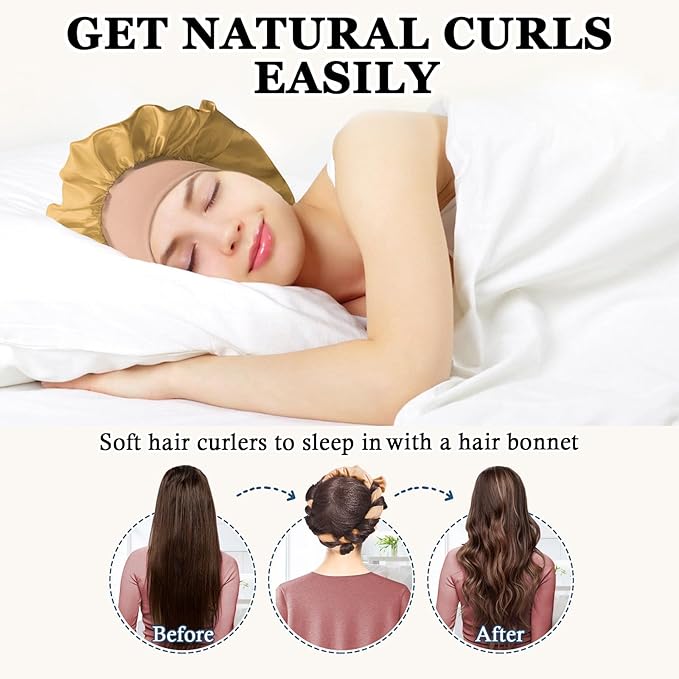 Gwabee 70" Soft Hair Curlers for Overnight Curls - No Heat Curl Wrap with 9 Rods for Long Hair, Khaki