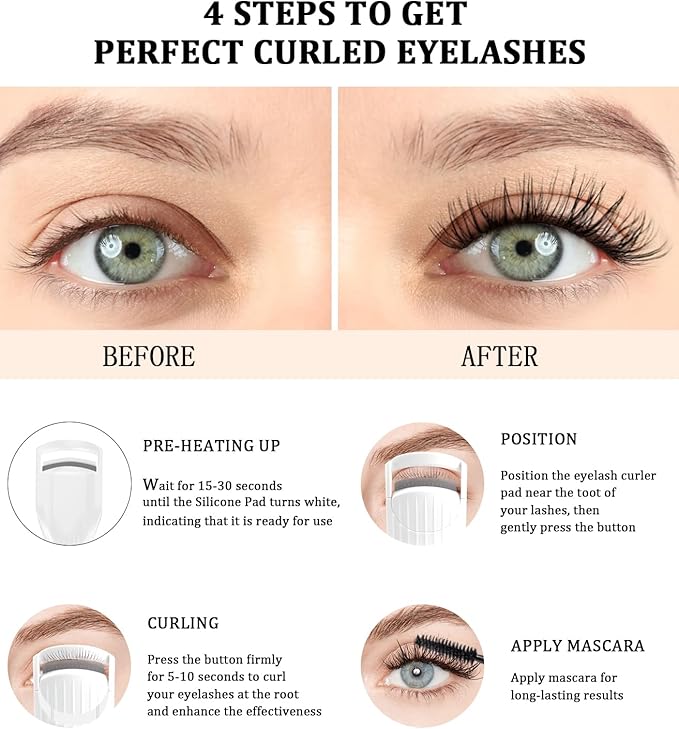 Heated Eyelash Curler Premium PRO - Fast Heat up in 8s - 24 Hours Long Lasting - Rechargeable Electric Eyelash Curler with Type-C, Innovative L Silicone, 2 Heat Modes, Anti-Burn Eyelid, White-DC