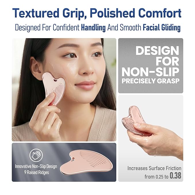 Gua Sha Facial Tools & Face Roller Set, Stainless Steel Facial Massager Tools for Lymphatic Drainage & Face Sculpting, Textured Guasha for Better Grip, Double Chin Reducer, Skincare Gift(RoseGold)