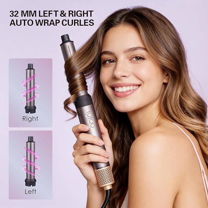7 in 1 Hot Air Styler High Speed BLDC Motor 110000 RPM with Round Rrush Left/Right Auto Wrap Curler,Oval Brush,Straightening Brush Drying air Nozzle.1400W Hot Hair Brush with ALCI Safety Plug