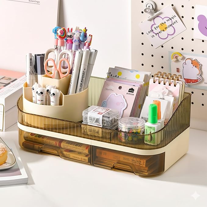 Extra Large Capacity Makeup Organizer with Brush Holder - Plastic Vanity Countertop Storage for Full Skincare & Cosmetic Collection