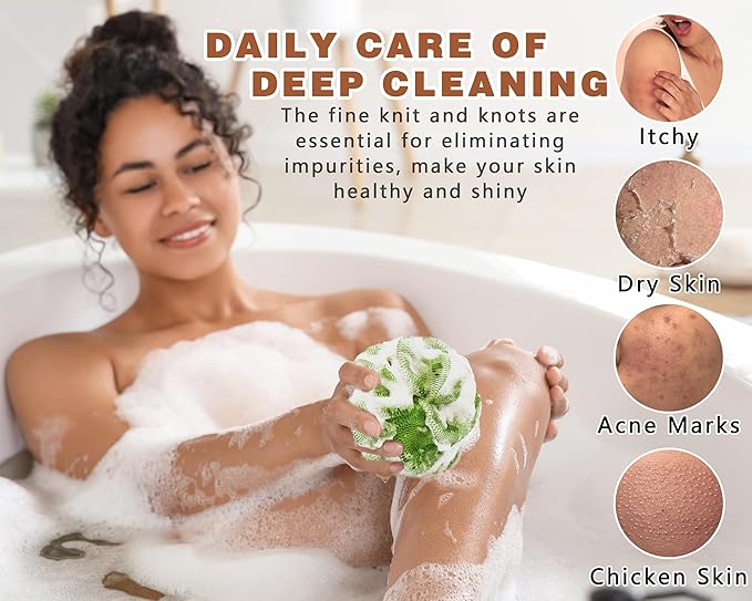 2 Pack African Net Sponge Exfoliating Scrubber Bath Sponge for Daily Use (Champange+Olive Green)