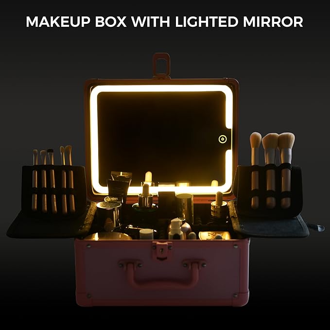 Makeup Case with Lighted Mirror, Makeup Box Organizer with Detachable LED Mirror, Travel Makeup Train Case, Waterproof Cosmetic Organizer, Standing Brush Holder, Gift, Pink