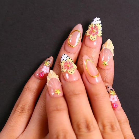 Spring Press On Nails - Maglfell Medium Almond 3D False Nails Women Reusable Finger Printed Nail Tips French Salon Design Artificial nails press ons