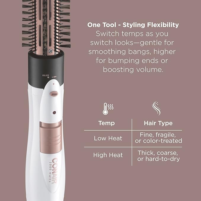 Conair Double Ceramic 2-in-1 Hot Air Brush, 1000W, Interchangeable 1¼" & 1½" Thermal Brushes for Voluminous Curls & Straight Styles, Hot Brush for Fine & Thick Hair