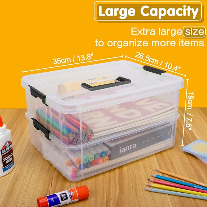 TERGOO 2 Layer Plastic Storage Containers with Lids, Multipurpose Clear Stack & Carry Box, Portable Craft Organizers and Storage Bin for Organizing Art & Craft, Sewing, Makeup, Nail Supplies (Black)