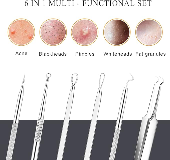 Boxoyx Pimple Popper Tool Kit - 6 Pcs Blackhead Remover Comedone Extractor Tool Kit with Metal Case for Quick and Easy Removal of Pimples, Blackheads, Zit Removing, Forehead, Facial and Nose(Silver)