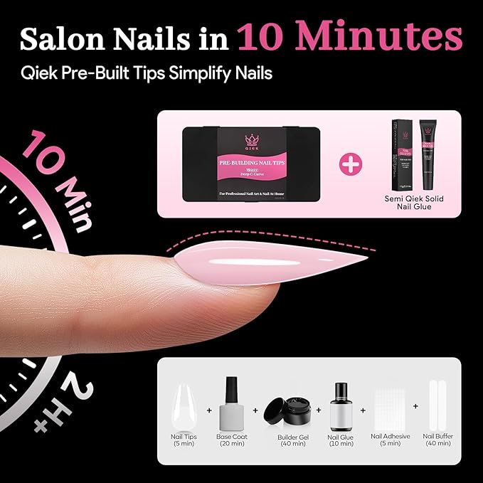 Qiek Medium Almond Pre-Building Nail Tips, 15 Sizes 240 PCS Pre-shaped Apex Pink Soft Press On Fake Nail Half Matte Gel Nail Extensions Strong Thick Acrylic Tip for DIY Beginners & Salon Manicure