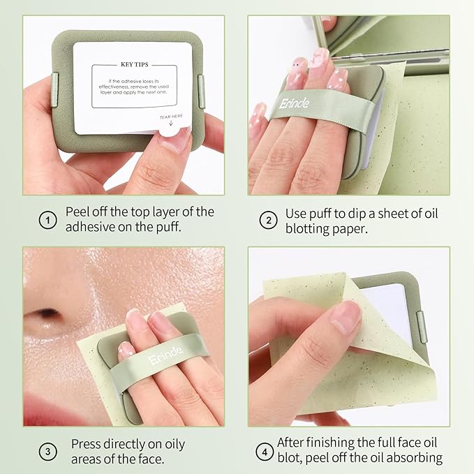 Erinde Oil Blotting Sheets for Face with Mirror and Puff, 100 Sheets Oil Blotting Paper for Oily Skin, Face Oil Absorbing Sheet, Natural Oil Control Film, Absorb Excess Oil, Makeup Friendly