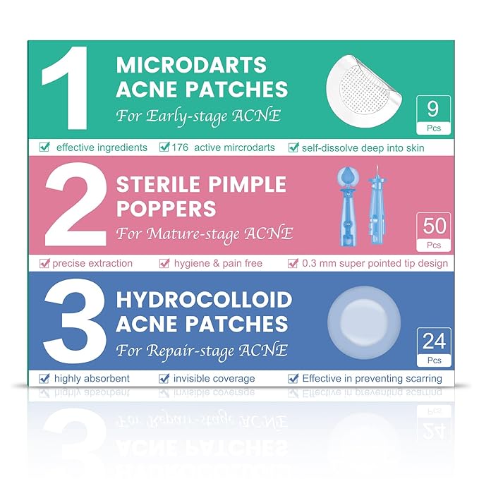TEAWOO 3-Step Microdart Pimple Patches Set – 83 Count, including 9 Microdarts Pimple Patches, 50 Pimple Poppers, and 24 Hydrocolloid Patches
