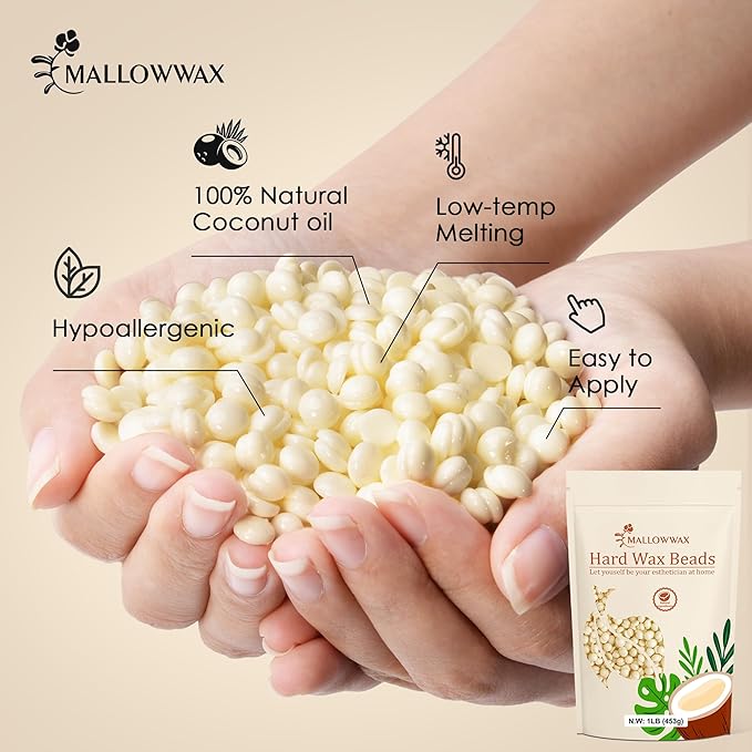 Mallowwax Hard Wax Beads, 1lb Cream Wax Beans for Hair Removal, Waxing Beads Refill for Bikini, Armpit, Arms, Back, Chest, Legs, Suitable for Home Waxing for Women Men