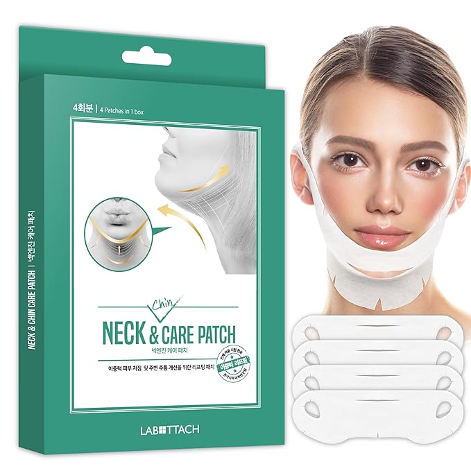 Wooshin Labottach V Line Face Lifting Collagen Sleeping Mask 4ct – Double Chin Reducer & Neck Wrinkle Patches with Hyaluronic Acid & Vitamin E, Chin Strap Care, Neck Lift Tape Overnight