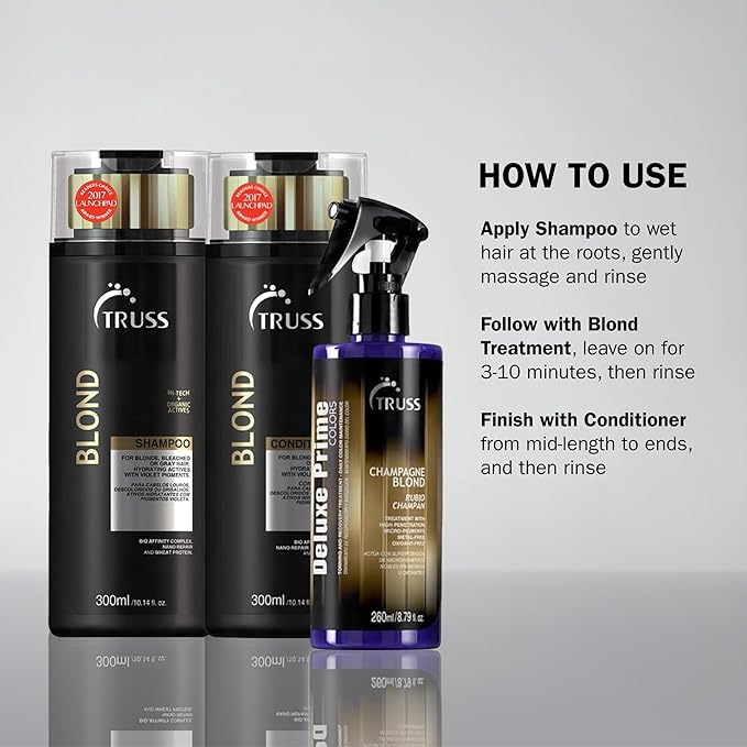 TRUSS Purple Hair Spray & Blonde Toner - Hair Lightening Spray & Reconstructor with Customizable Toning - Deluxe Prime Champagne Blonde - For Brassy, Gray, Bleached, or Blonde Locks (8.79 Oz)