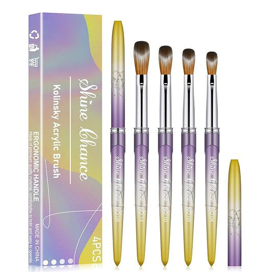 Shine Chance 4Pcs Acrylic Nail Brushes Set, Kolinsky Acrylic Nail Art Brush, Art Design & Polish Mistake Cleaning Manicure Tools for Women Acrylic Application (Size 4 8 10 14), Yellow