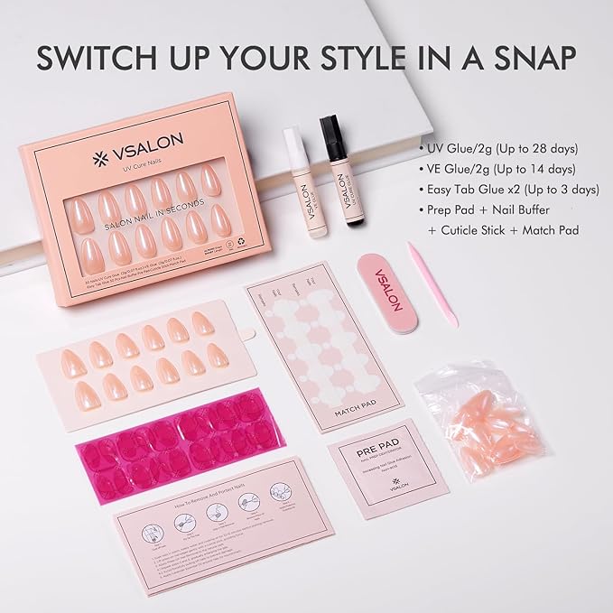 VSALON Press On Nails Short Almond, 32 Pcs 16 Sizes Nude Pink Shimmer Chrome Neutral Fake Nails With UV Cure Glue, Glossy Aurora Glazed Donut Reusable Stick On Nails False Nails Fall Gift For Women