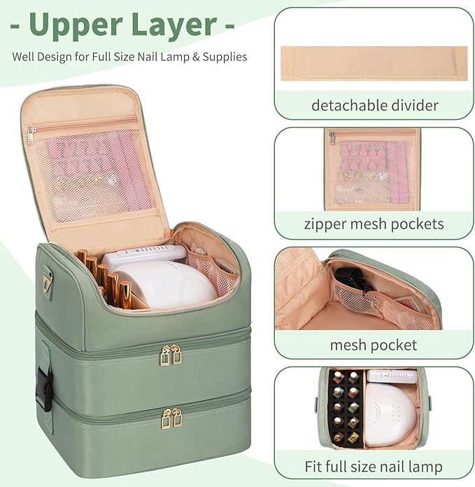 Extra Large Nail Polish Organizer - Three Layer Nail Organizers And Storage Bag, Portable Nail Supplies Organizer Case, Nail Tech Kit Travel Carrying Box with Shoulder Strap (Green, 86 Slots)