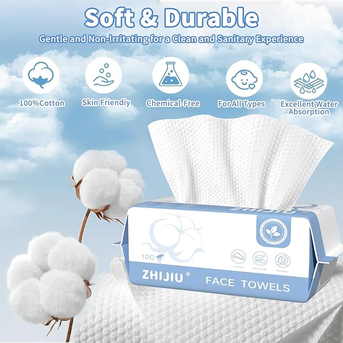 Disposable Face Towels 200 Count, Ultra Soft & Thick Facial Towels for Sensitive Skin, Biodegradable & Lint-Free Makeup Remover Dry Wipes, Multi-Purpose Cleansing Towelettes for Face Wipes