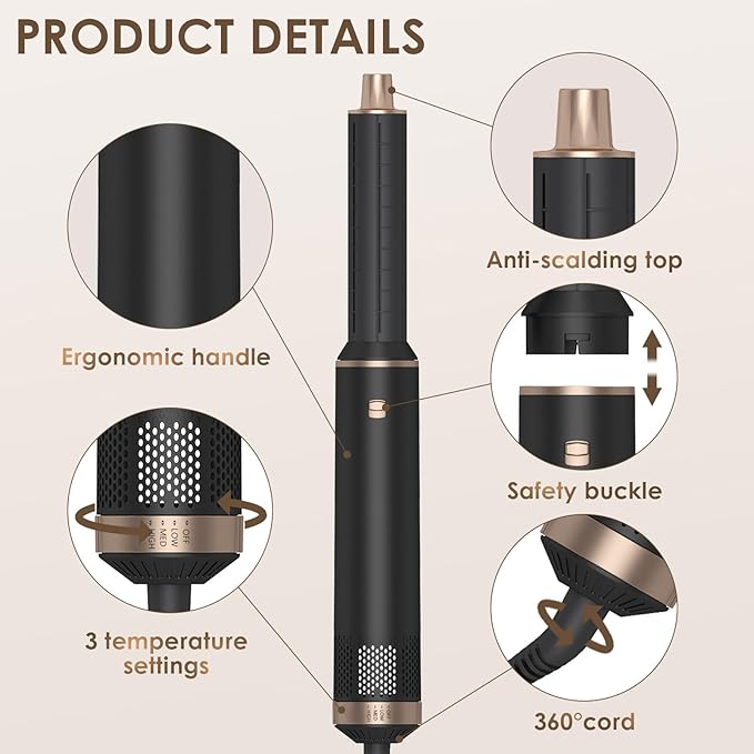 5 in 1 Blow Dryer Brush, Ionic Hair Dryer Brush Set, Detachable Hot Air Brush Air Auto Wrap Hair Styler, Powerful Hot Hair Styling Tools Set for Fast Drying, Curling, Smoothing, Straightening, 3 Temp