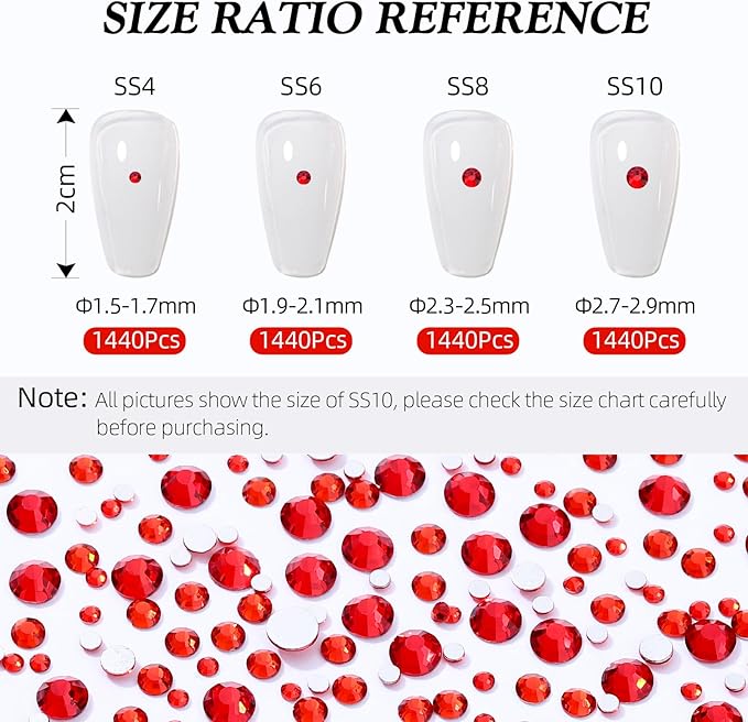 Meibite Red Flatback Rhinestones, Glass Rhinestones for Nail Art and Craft, Glue Fix, Loose Crystal Gemstones(Red, SS10, 2880pcs, 2.7-2.8mm)