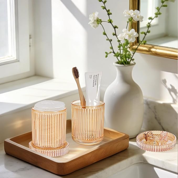 SheeChung Amber Glass Apothecary Jars 2-Pack - Vintage Sunburst Bathroom Organizer & Storage Set - Qtip Holder Dispenser, Vanity Canister for Cotton Swabs, Balls, Pads - Luxury Modern Farmhouse Decor