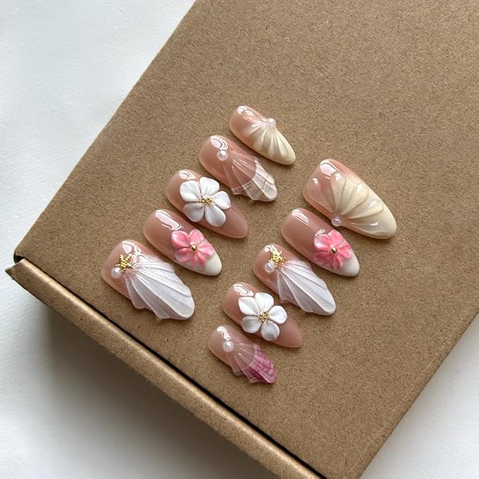 MAGLFELL Press On Nails Medium Length Almond Shape False Nails, Handmade Acrylic Gel Fake Nails with Art Designs, Reusable 10 Pcs 3D Nails for Women DIY Manicure Kit (Size L)