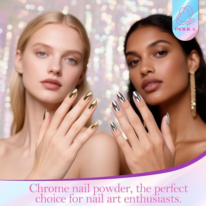 NXJ INFILILA Gold Silver Chrome Nail Powder, Metallic Mirror Pigment Glitter Effect 4 Colors Holographic Rose Gold Pink Chrome Powder for Gel Nails, Manicure Nail Art Decoration Gift for Women