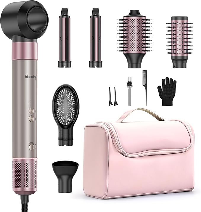 Vincofy 7-in-1 Hair Dryer Brush Blow Dryer, Hot Air Brush Styler with Travel Bag– Fast Drying, Curling, Straightening & Volumizing – 1500W High-Speed Motor 110,000 RPM – All Hair Types – Pink